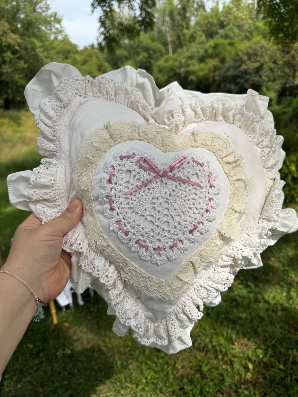 Vintage Heart-Shaped Lace Crochet Pillow with Pink Ribbon